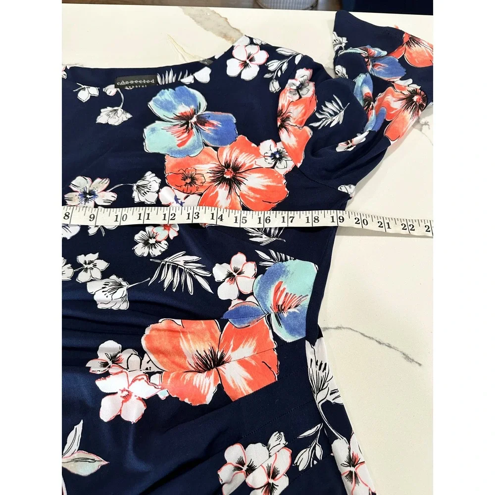 Connected Apparel Floral Bell Sleeve Faux Wrap Sheath‎ Dress Navy Coral 14